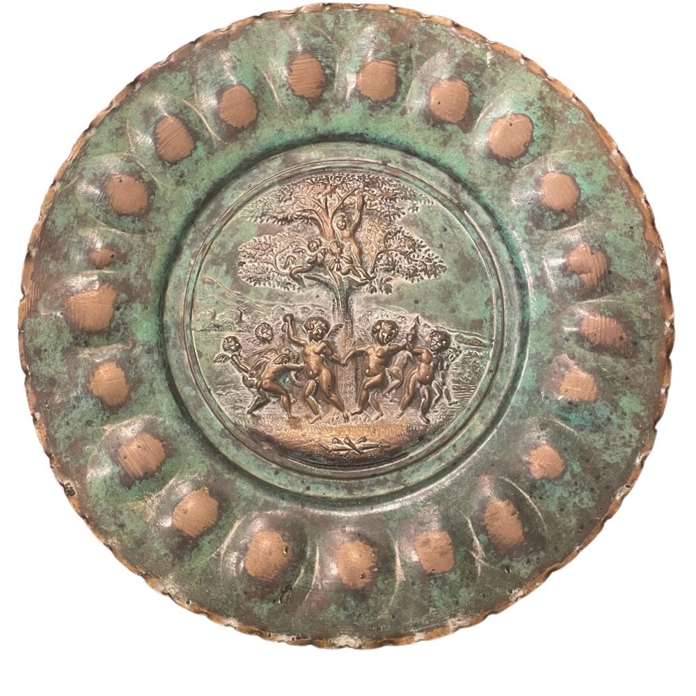 Vintage Brass Embossed 12” Plate with Cherubs Dancing around a Tree